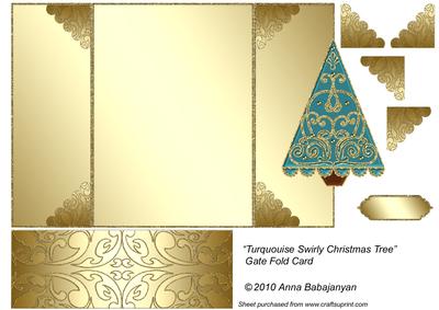 Turquoise Swirly Christmas Tree Gate Fold Card
