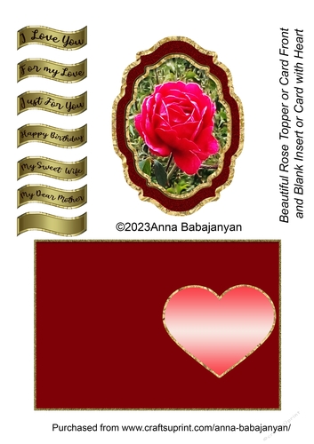 Beautiful Rose Topper or Card Front and Blank Insert or Card with Heart