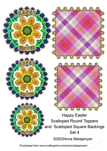Happy Easter Scalloped Round Toppers and Scalloped Square Backings Set 4