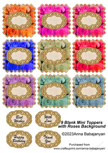 9 Blank Mini Toppers with Roses Background