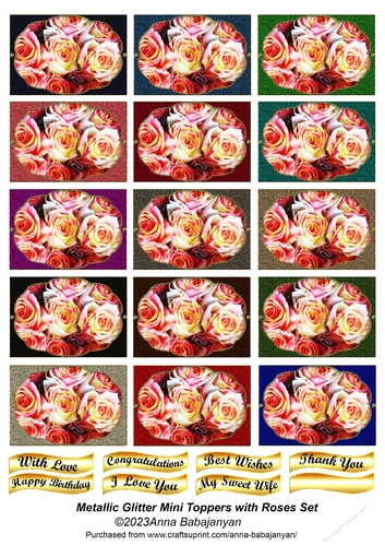 Metallic Glitter Mini Toppers with Roses Set