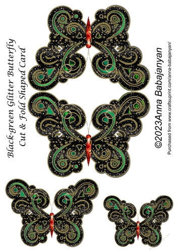 Black-green Glitter Butterfly  Cut & Fold Shaped Card