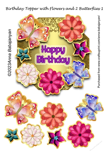 Birthday Topper with Flowers and 2 Butterflies 1
