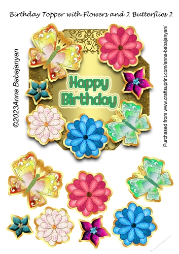 Birthday Topper with Flowers and 2 Butterflies 2