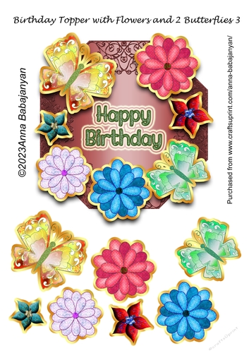 Birthday Topper with Flowers and 2 Butterflies 3