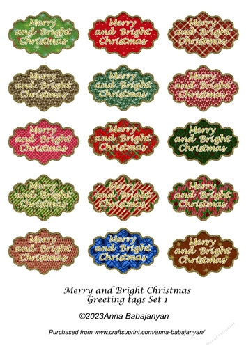 Merry and Bright Christmas Greeting Tags Set 1