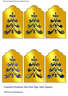 Colourful Christmas Tree Gold Tags /mini Toppers