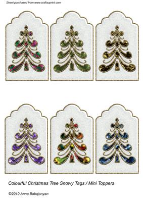 Colourful Christmas Tree Snowy Tags /mini Toppers
