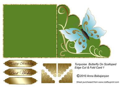 Turquoise Butterfly on Scalloped Edge Cut & Fold Card