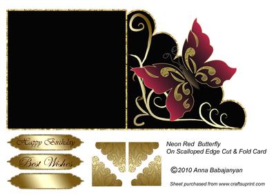 Neon Red Butterfly on Scalloped Edge Cut & Fold Card