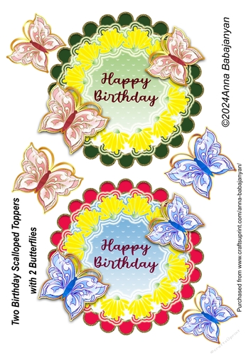 Two Birthday Scalloped Toppers with 2 Butterflies