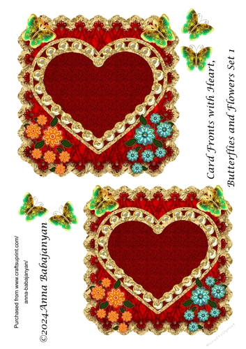Card Fronts with Heart, Butterflies and Flowers Set 1