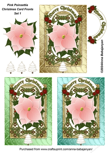 Pink Poinsettia Christmas Card Fronts Set 1