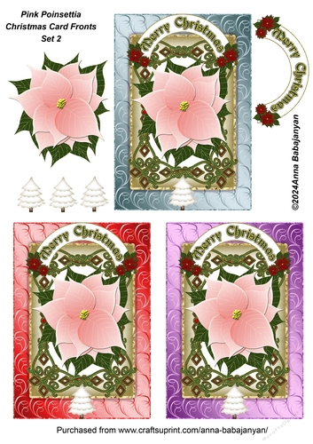 Pink Poinsettia Christmas Card Fronts Set 2
