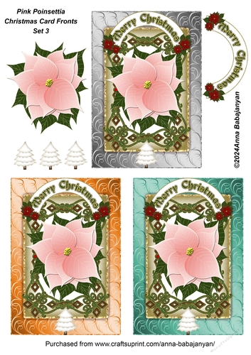 Pink Poinsettia Christmas Card Fronts Set 3