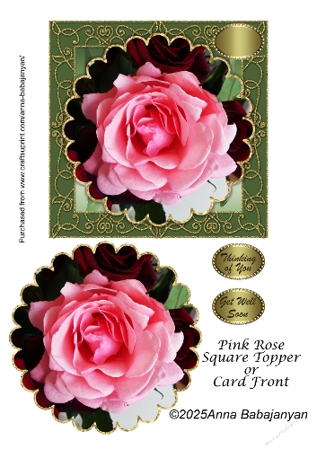 Pink Rose Square Topper or Card Front