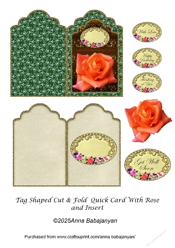 Tag Shaped Cut & Fold Quick Card With Rose and Insert
