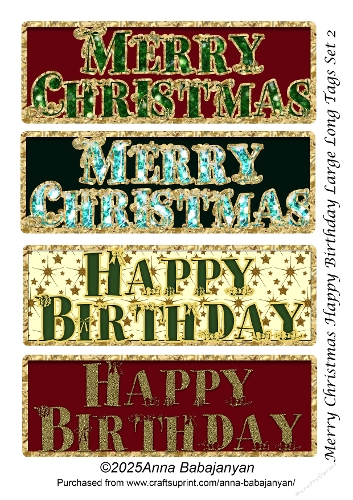 Merry Christmas Happy Birthday Large Long Tags Set 2