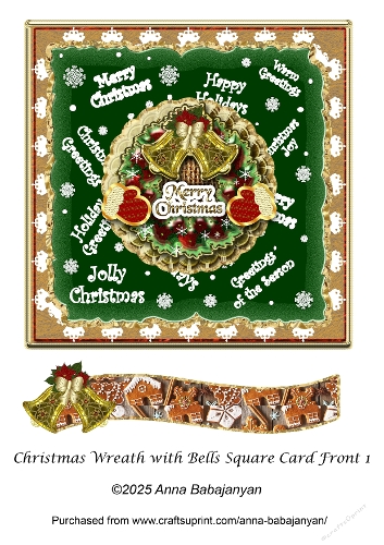 Christmas Wreath with Bells Square Card Front 1