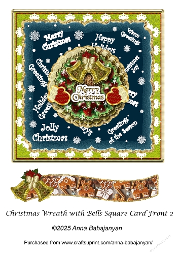 Christmas Wreath with Bells Square Card Front 2