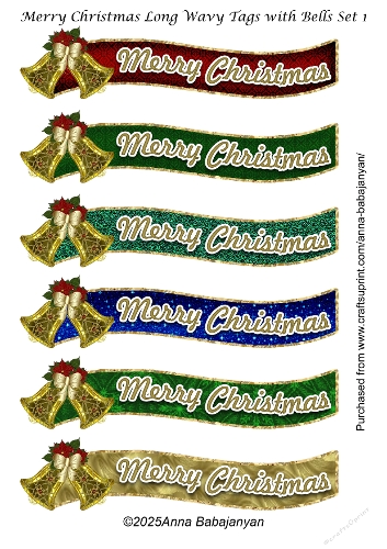 Merry Christmas Long Wavy Tags with Bells Set 1
