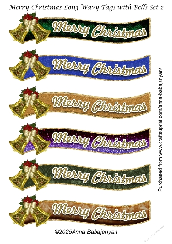 Merry Christmas Long Wavy Tags with Bells Set 2