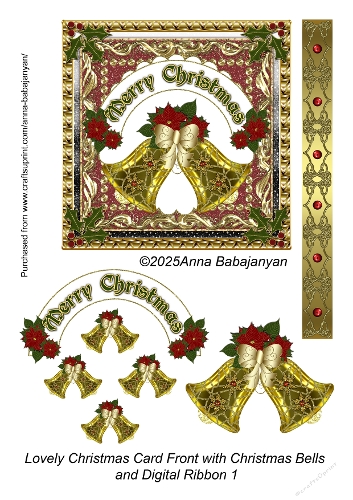 Lovely Christmas Card Front with Christmas Bells and Digital Ribbon 1