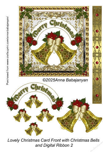 Lovely Christmas Card Front with Christmas Bells and Digital Ribbon 2
