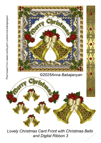 Lovely Christmas Card Front with Christmas Bells and Digital Ribbon 3