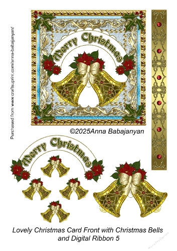 Lovely Christmas Card Front with Christmas Bells and Digital Ribbon 5
