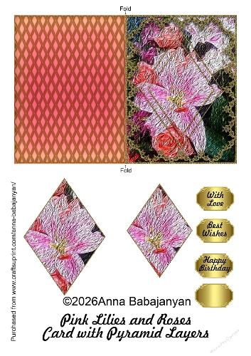 Pink Lilies and Roses Card with Pyramid Layers