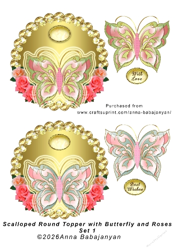 Scalloped Round Topper with Butterfly and Roses Set 1