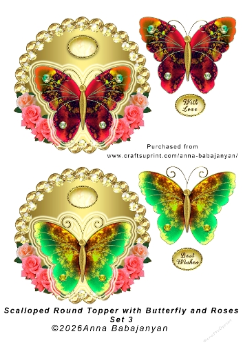 Scalloped Round Topper with Butterfly and Roses Set 3