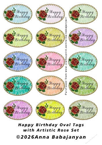 Happy Birthday Oval Tags with Artistic Rose Set