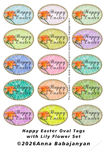 Happy Easter Oval Tags with Lily Flower Set