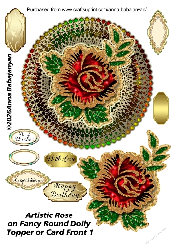 Artistic Rose on Fancy Round Doily Topper or Card Front 1