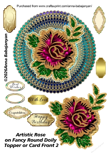 Artistic Rose on Fancy Round Doily Topper or Card Front 2
