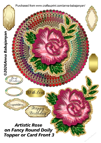 Artistic Rose on Fancy Round Doily Topper or Card Front 3