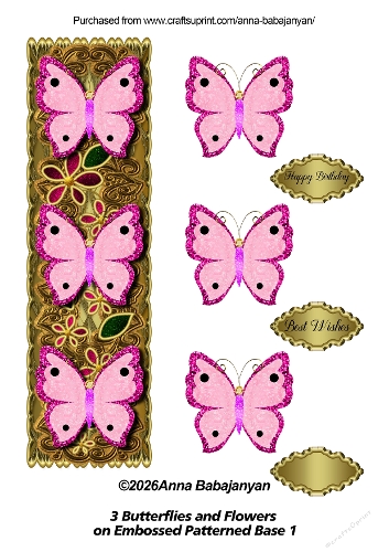 3 Butterflies and Flowers on Embossed Patterned Base 1