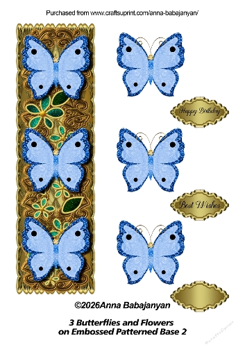 3 Butterflies and Flowers on Embossed Patterned Base 2