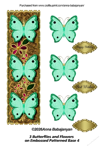 3 Butterflies and Flowers on Embossed Patterned Base 4