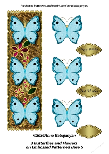3 Butterflies and Flowers on Embossed Patterned Base 5