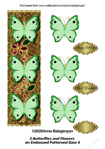 3 Butterflies and Flowers on Embossed Patterned Base 6
