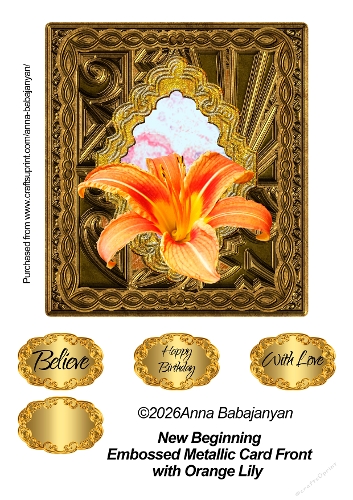 New Beginning Embossed Metallic Card Front with Orange Lily