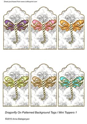 Dragonfly on Patterned Background Tags /mini Toppers 1