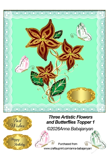 Three Artistic Flowers and Butterflies Topper 1