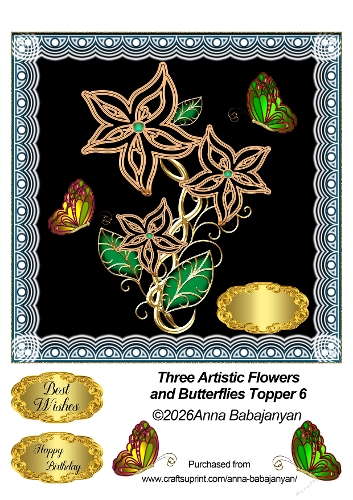 Three Artistic Flowers and Butterflies Topper 6