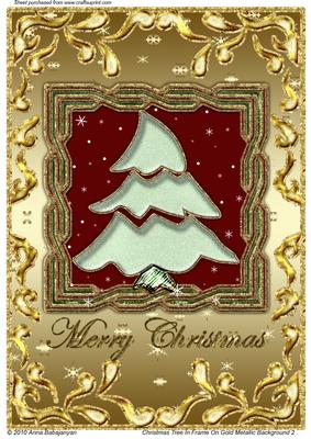 Christmas Tree in Frame on Gold Metallic Background 2