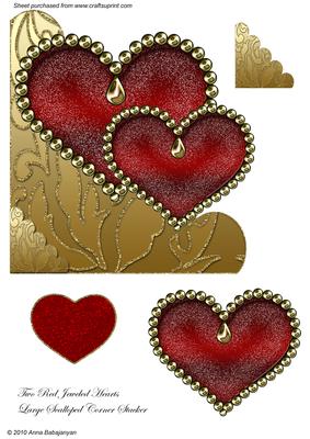 Two Red Jeweled Hearts Large Scalloped Corner Stacker