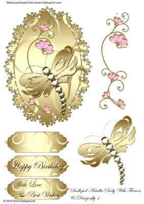 Scalloped Metallic Doily with Flowers & Dragonfly 1